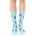 Pair of light blue crew socks with an all-over print of pandas eating bamboo. [lf]