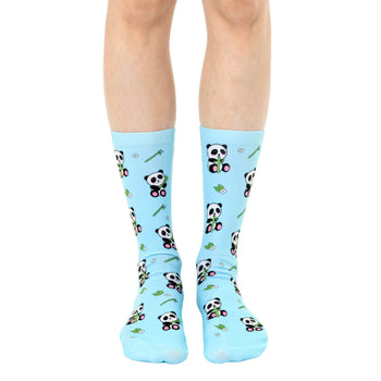 light blue crew socks with all-over cartoon panda and bamboo pattern.   