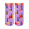 Pair of lavender ankle socks with a repeating pattern of blue lava lamps and orange/yellow abstract shapes.