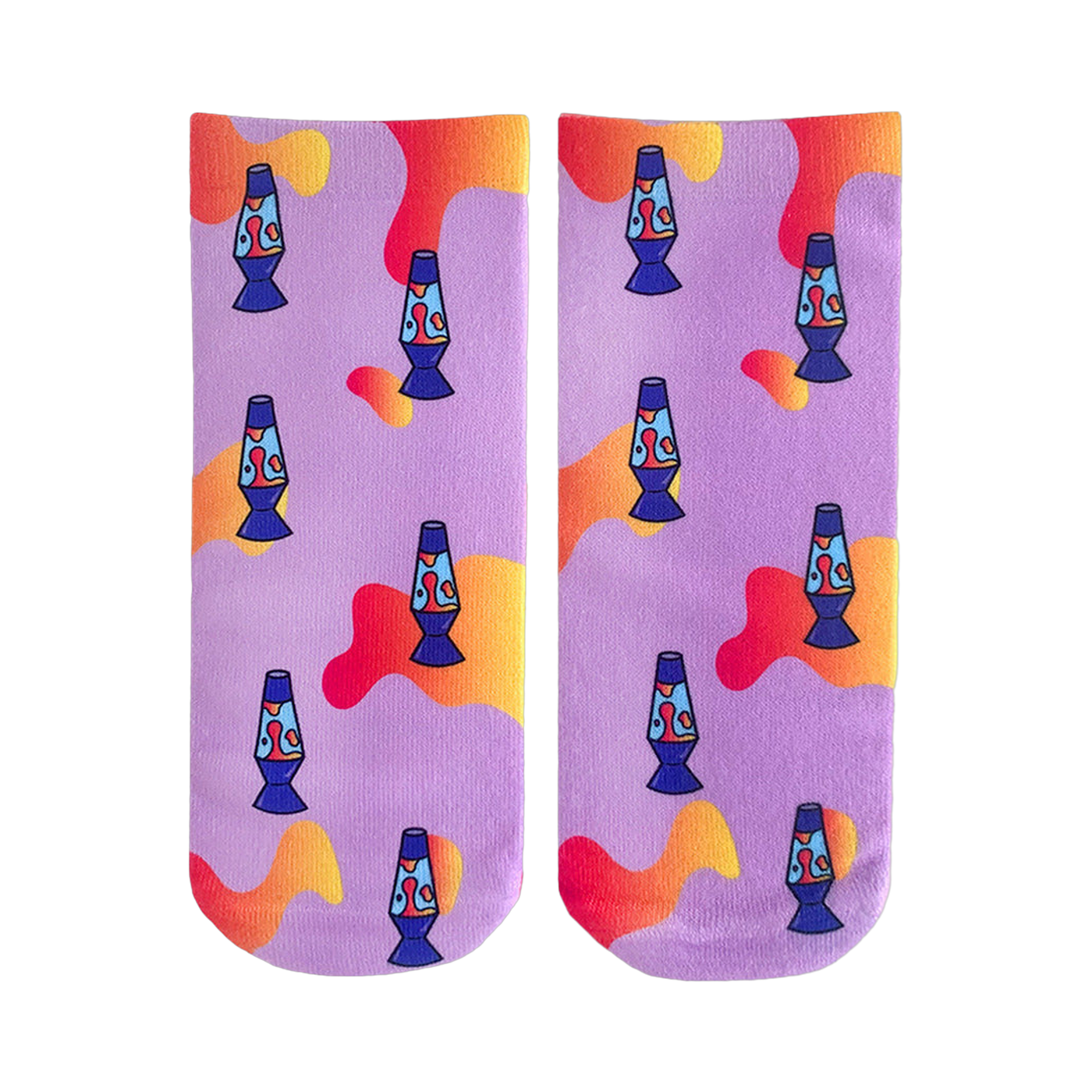 Pair of lavender ankle socks with a repeating pattern of blue lava lamps and orange/yellow abstract shapes.