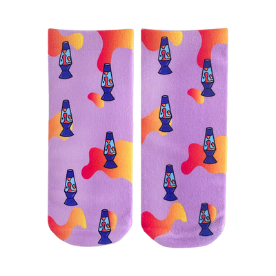 Pair of lavender ankle socks with a repeating pattern of blue lava lamps and orange/yellow abstract shapes.