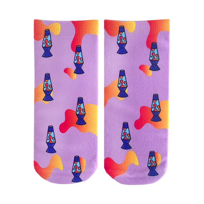   ladies' ankle-length retro purple lava lamp with yellow, orange, and blue wavy line design socks    }}