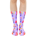 Pair of purple crew socks with a fun lava lamp pattern.  Orange and blue lava lamps are scattered on a light purple background with orange blob accents. [lf]