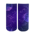Pair of ankle socks with a dark purple background, featuring pink and white constellations and moons. 