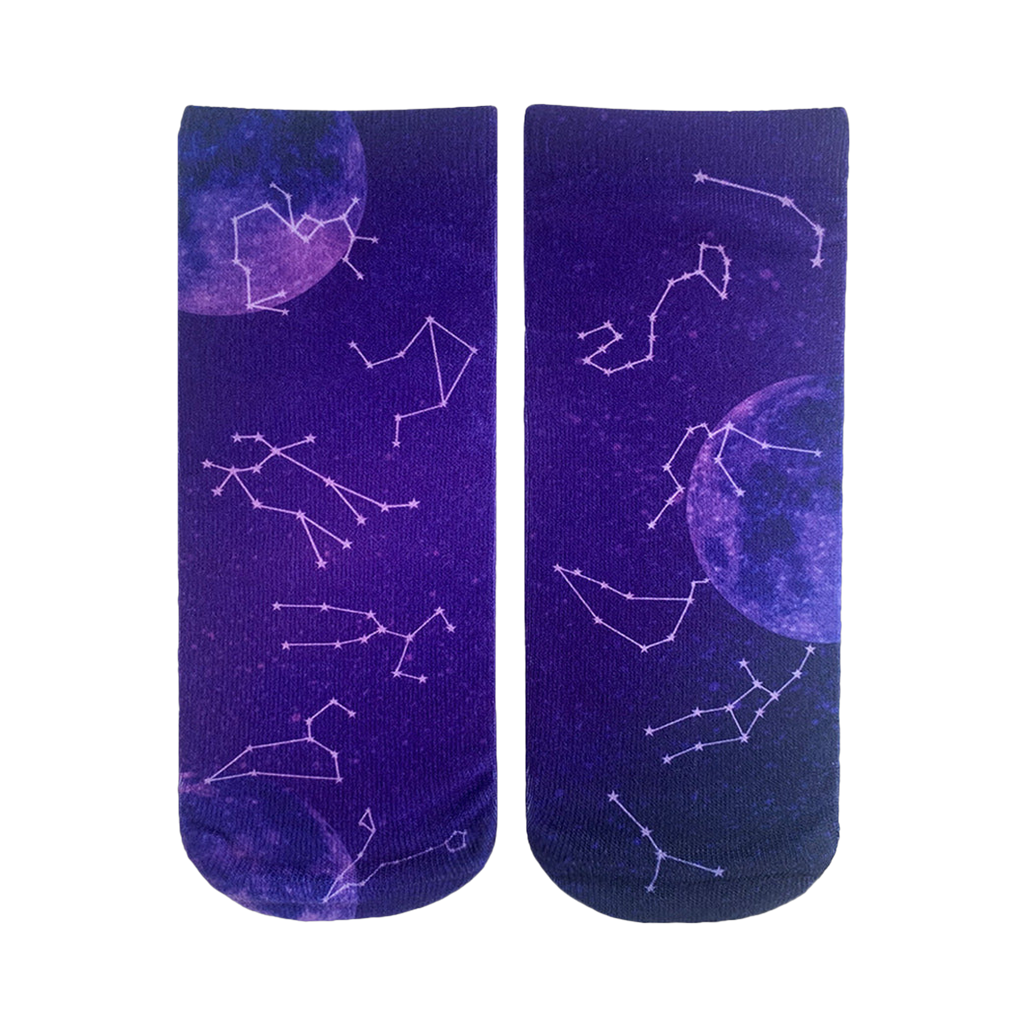 Pair of ankle socks with a dark purple background, featuring pink and white constellations and moons. 