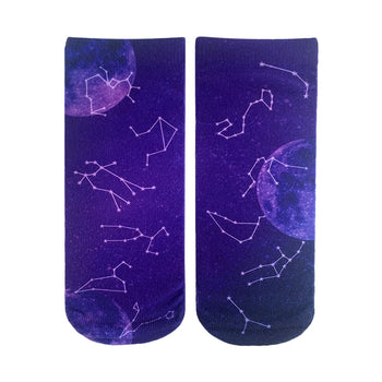 purple ankle socks with white and light purple stars and moon pattern. constellations connected by lines.   