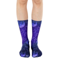 Pair of crew socks in purple and blue gradient.  Design features constellations and moons. [lf]