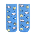 Pair of light blue crew socks with a repeating pattern of white sheep, yellow moons, and blue stars.