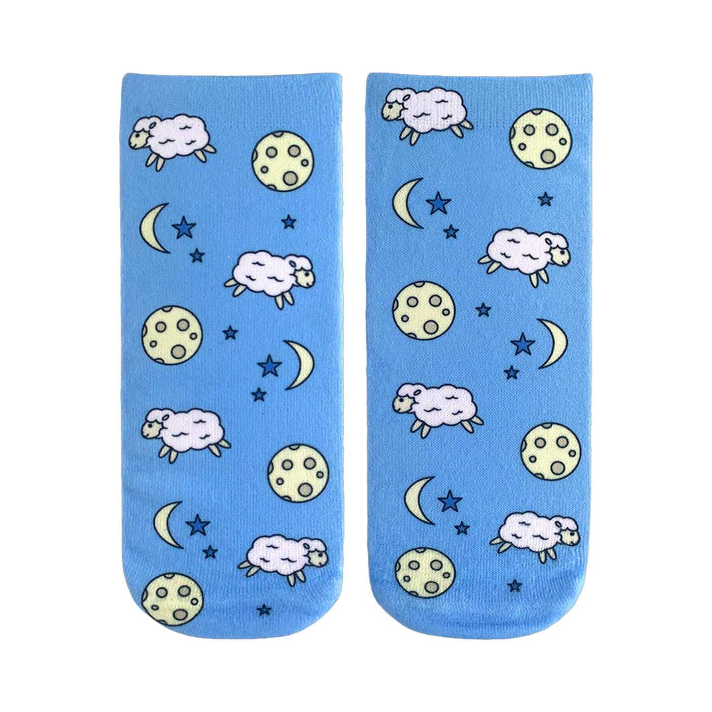 Pair of light blue crew socks with a repeating pattern of white sheep, yellow moons, and blue stars.
