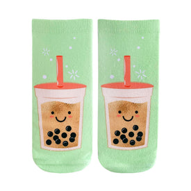 novelty socks with cartoon boba tea pattern. ankle length. 100% polyester.  