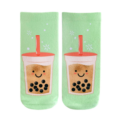 novelty socks with cartoon boba tea pattern. ankle length. 100% polyester.  