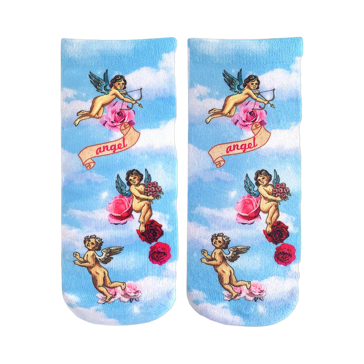 Ankle-high socks with a pastel blue sky background.  The design features cherubs, roses, and the word 'angel' on a banner. 