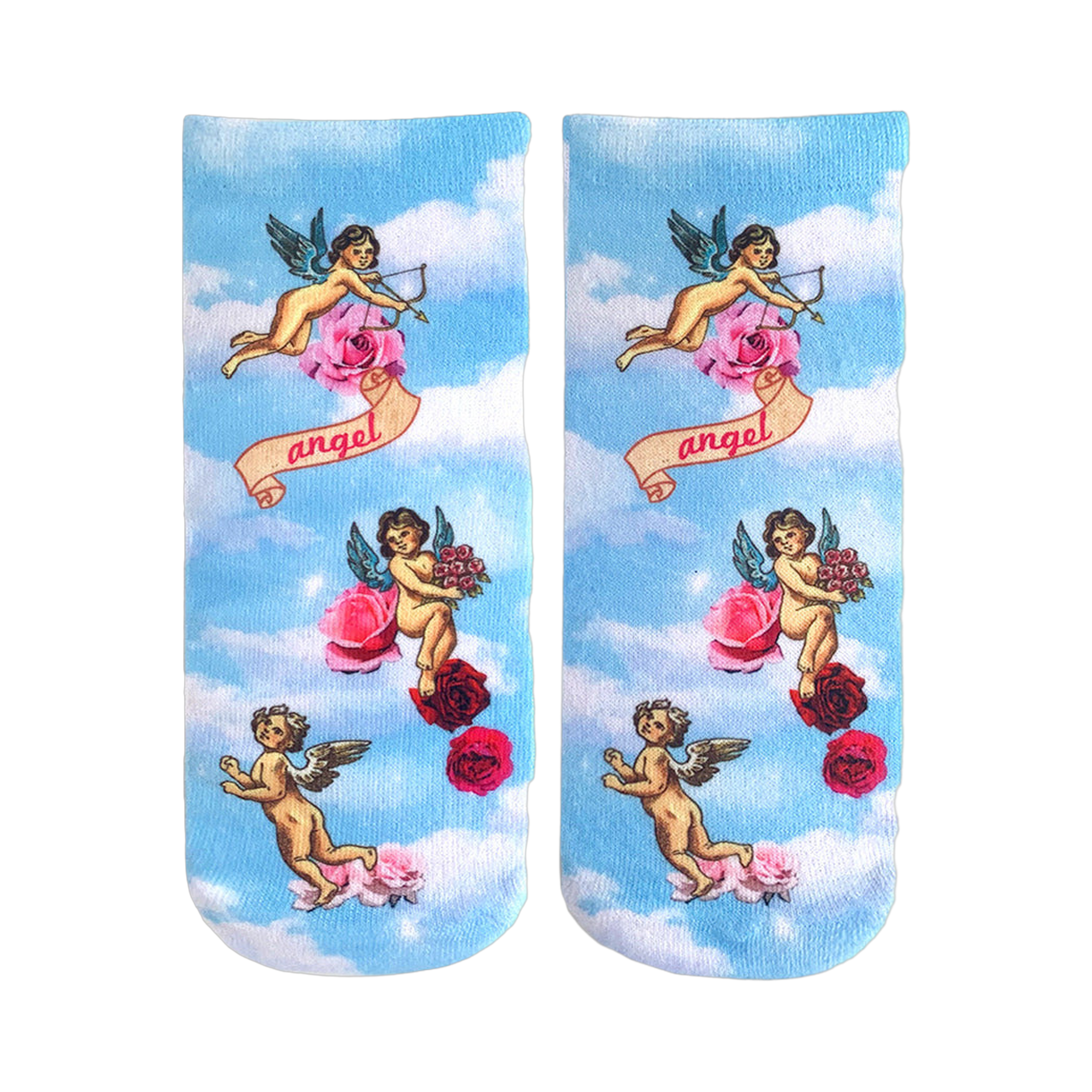 Ankle-high socks with a pastel blue sky background.  The design features cherubs, roses, and the word 'angel' on a banner. 