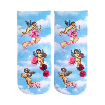 ankle length women's polyester cherub novelty socks with pink nude baby cherubs with wings flying, shooting arrows, holding roses against a blue background.  