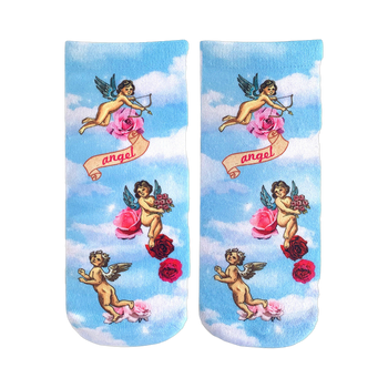 Ankle-high socks with a pastel blue sky background.  The design features cherubs, roses, and the word 'angel' on a banner. 