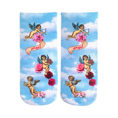 Ankle-high socks with a pastel blue sky background.  The design features cherubs, roses, and the word 'angel' on a banner. 