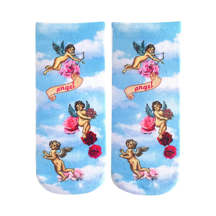 ankle length women's polyester cherub novelty socks with pink nude baby cherubs with wings flying, shooting arrows, holding roses against a blue background.   }}