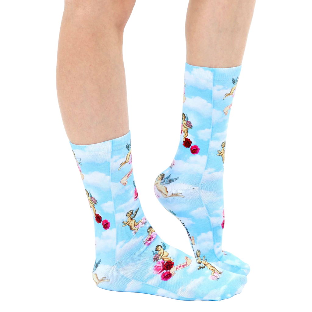 Lifestyle shot of a person wearing the Cherub socks, showcasing how they look when worn. [lf]