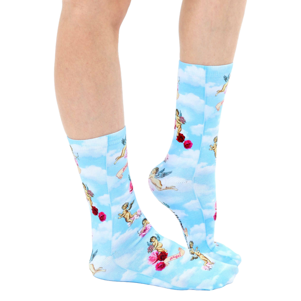 Lifestyle shot of a person wearing the Cherub socks, showcasing how they look when worn. [lf]