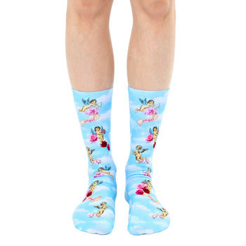 light blue crew socks with cherubs, clouds, and roses for women who love cherubs, clouds, or roses.    