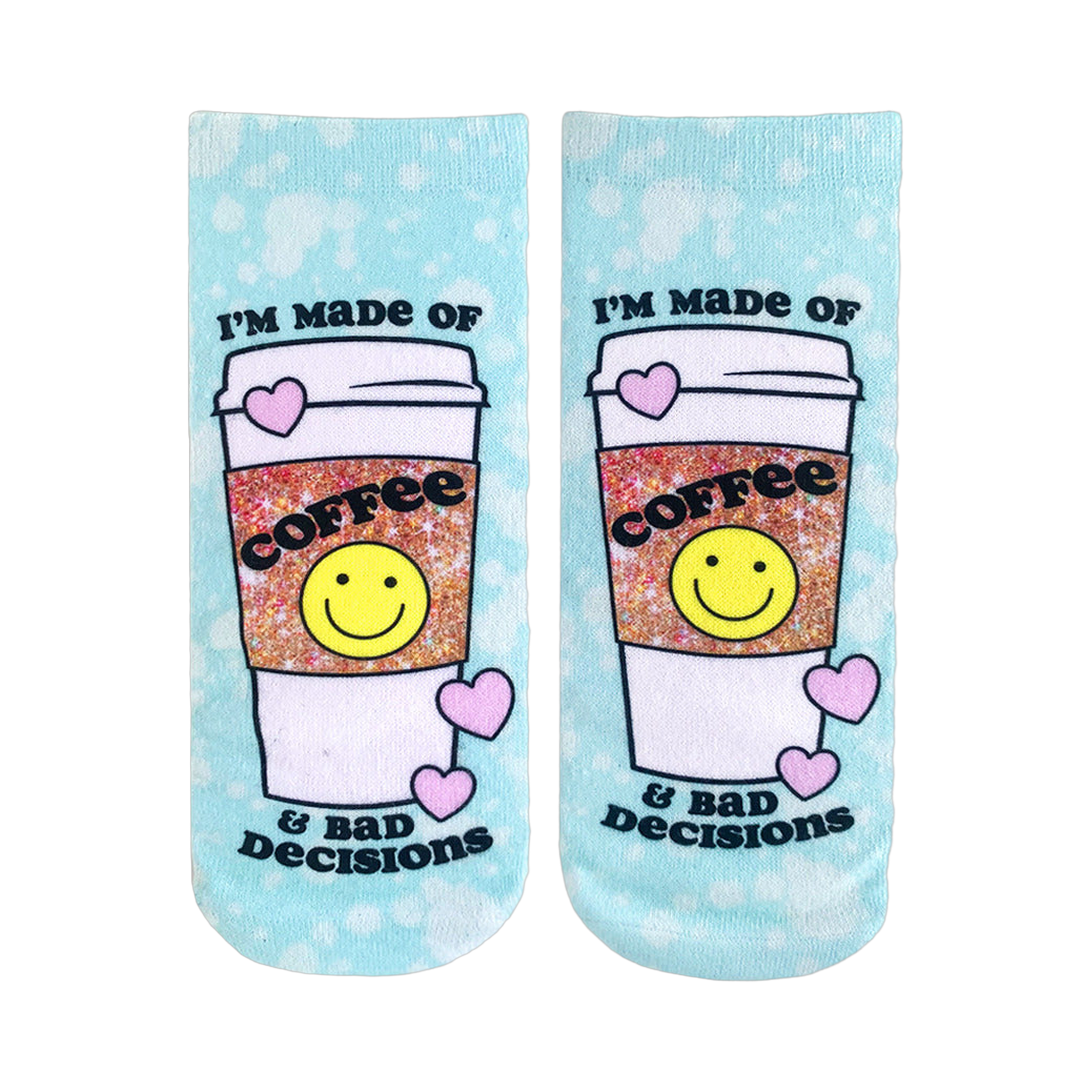 A pair of light blue tie-dye ankle socks feature a coffee cup design with a smiley face and the text 'I'm made of Coffee & Bad Decisions'.