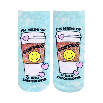 A pair of light blue tie-dye ankle socks feature a coffee cup design with a smiley face and the text 'I'm made of Coffee & Bad Decisions'.