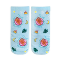 Pair of light blue crew socks.  Design features sloths on pink floaties, tropical fruits, plants, and the text 'Live Slow'.