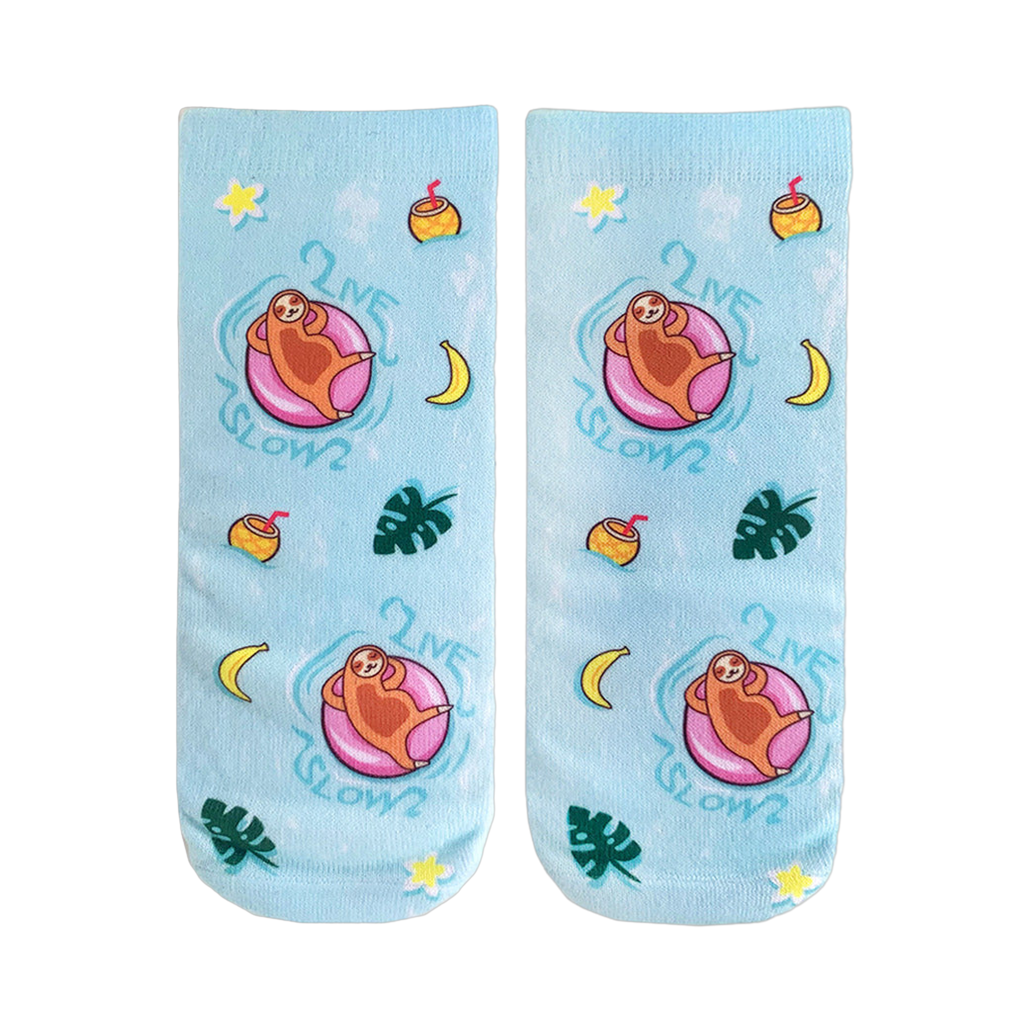 Pair of light blue crew socks.  Design features sloths on pink floaties, tropical fruits, plants, and the text 'Live Slow'.