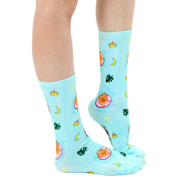 Lifestyle photo showing the Pool Sloth socks on a person's feet, highlighting how they look when worn. [lf]