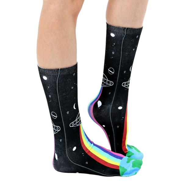 Side view of Alien Abduction socks showcasing the design details and fit. [lf]