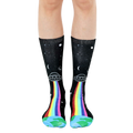 Crew socks in black with a colorful rainbow, UFO, and planet design.  Perfect for space lovers! [lf]