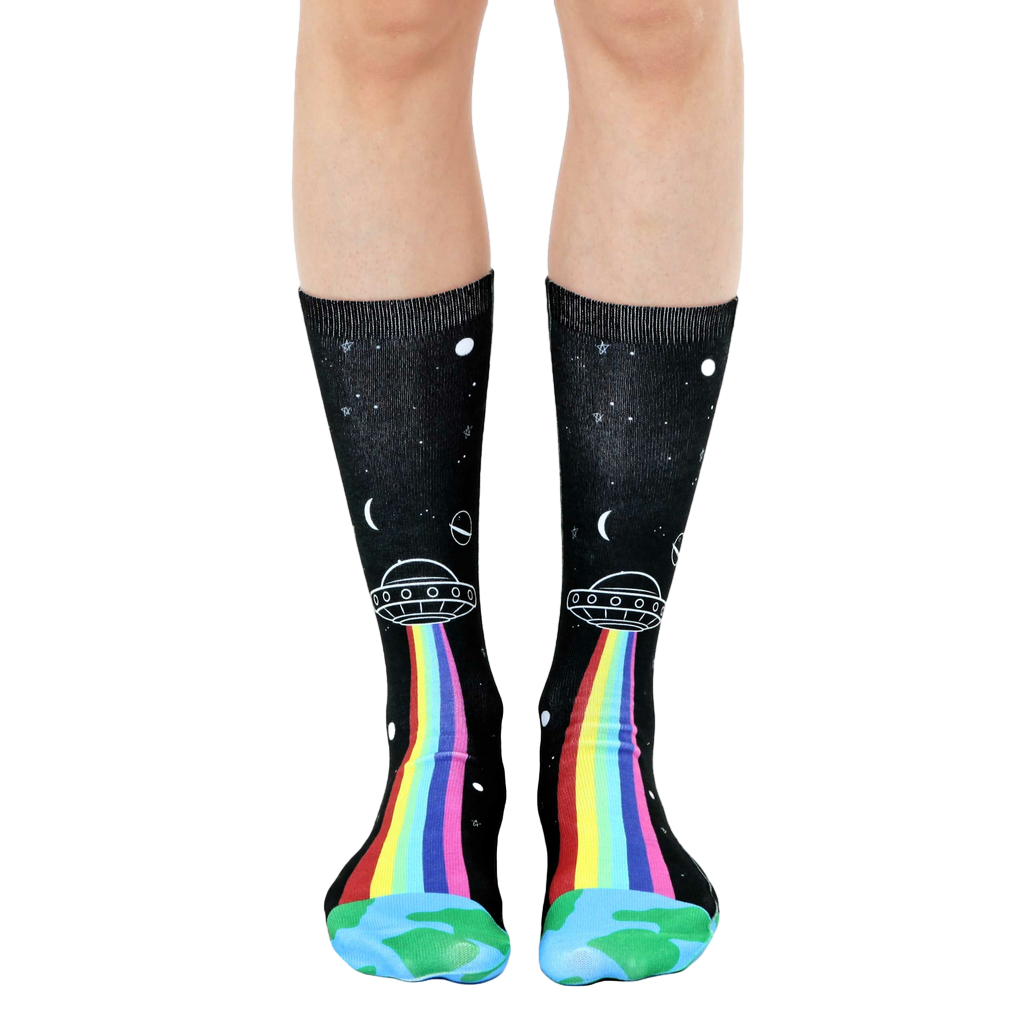 Crew socks in black with a colorful rainbow, UFO, and planet design.  Perfect for space lovers! [lf]