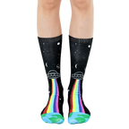Crew socks in black with a colorful rainbow, UFO, and planet design.  Perfect for space lovers! [lf]