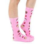 Lifestyle shot showing the Chocolate Strawberry socks on a person's feet, showcasing how they look when worn. [lf]