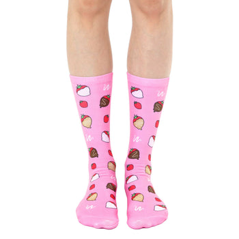 pink crew socks with chocolate-dipped strawberry pattern for women.  