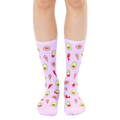 Lavender crew socks with an all-over print of illustrated cats dressed as avocados, ice cream cones, donuts, and cacti. [lf]