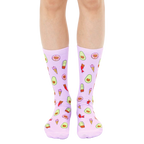 Lavender crew socks with an all-over print of illustrated cats dressed as avocados, ice cream cones, donuts, and cacti. [lf]