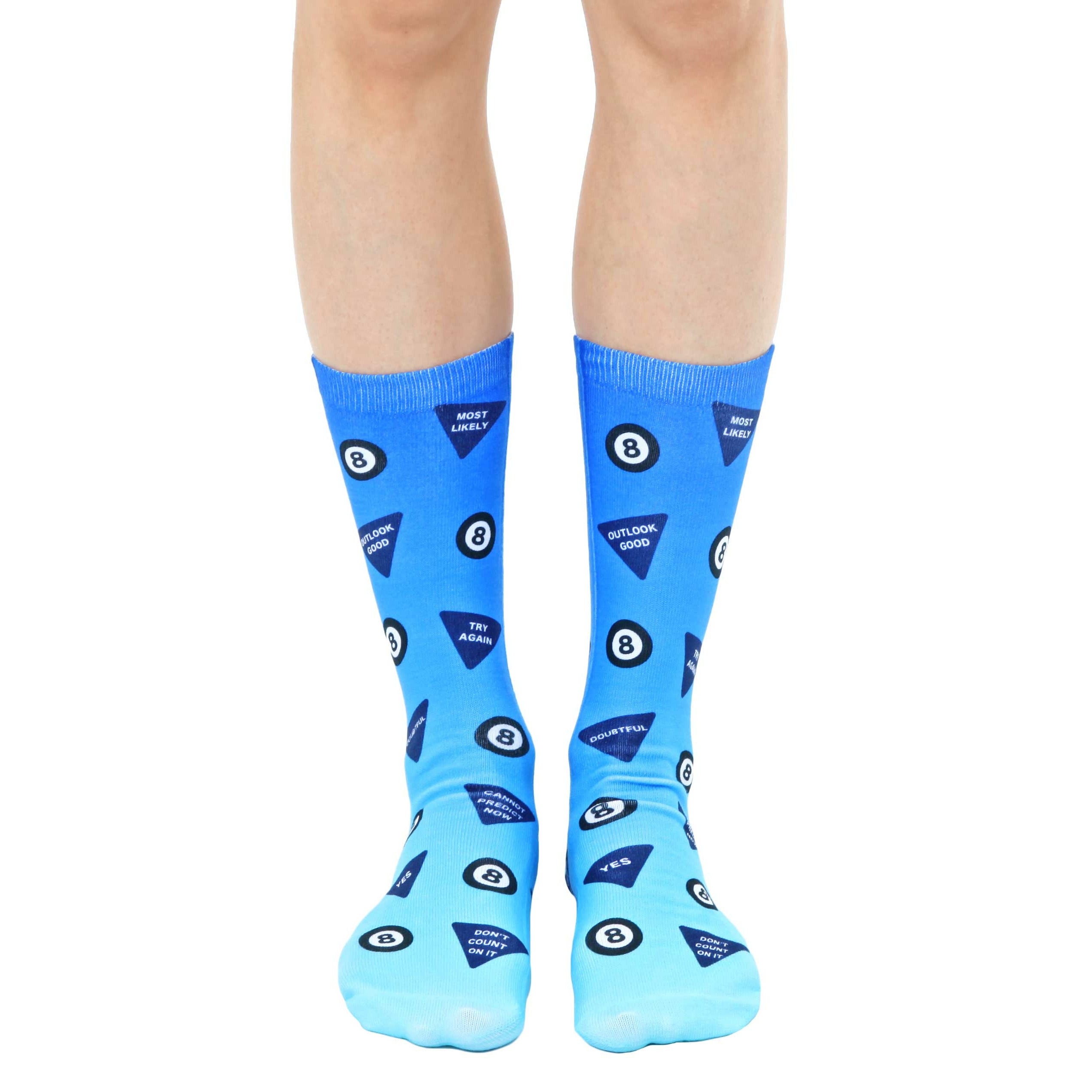 Pair of crew socks in blue ombre, featuring a Magic 8 ball design with phrases like 'Outlook Good' and 'Try Again'. [lf]