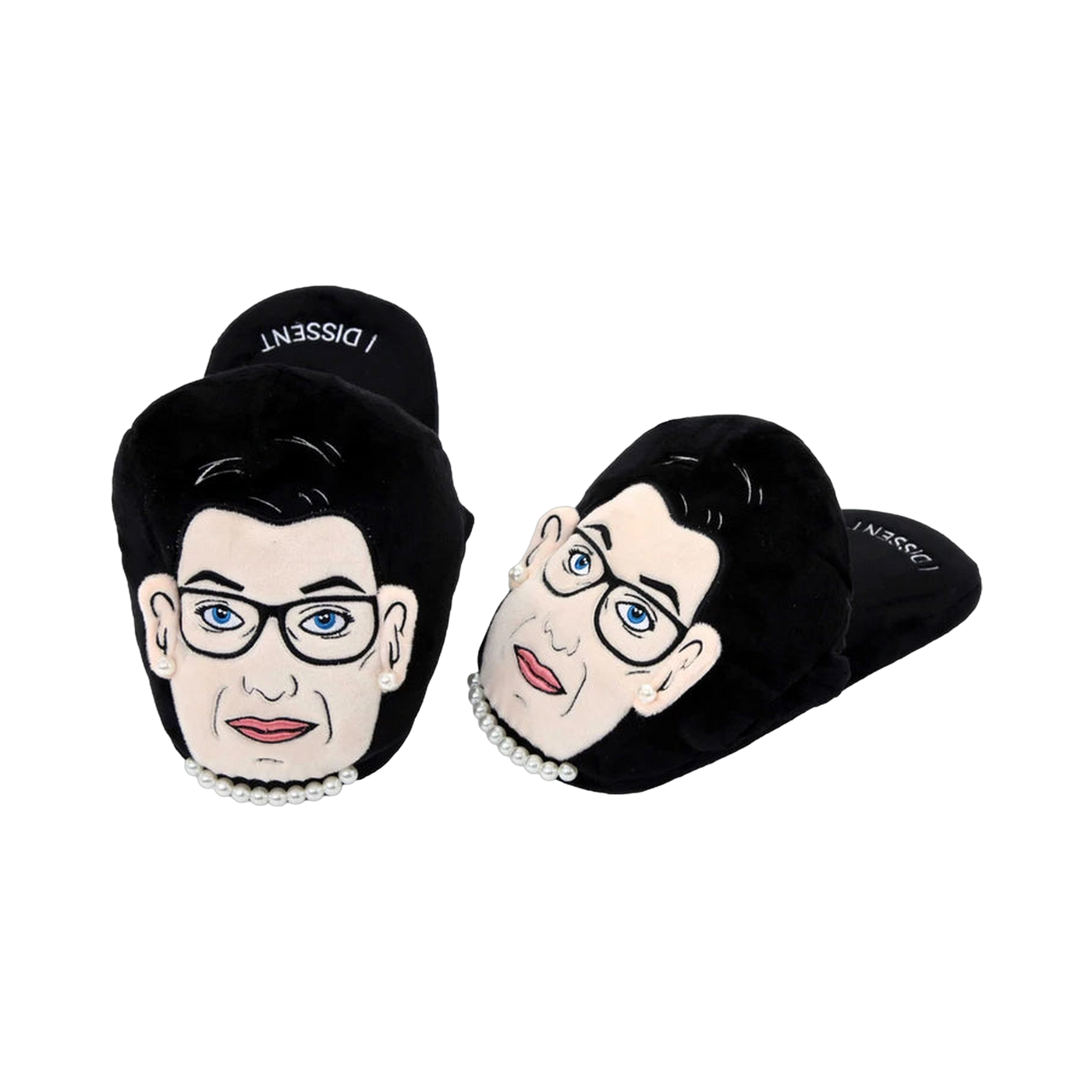 Pair of black plush RBG slippers.  The slippers feature a graphic of Ruth Bader Ginsburg's face and a pearl necklace; text says 'I Dissent'.