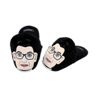 Pair of black plush RBG slippers.  The slippers feature a graphic of Ruth Bader Ginsburg's face and a pearl necklace; text says 'I Dissent'.
