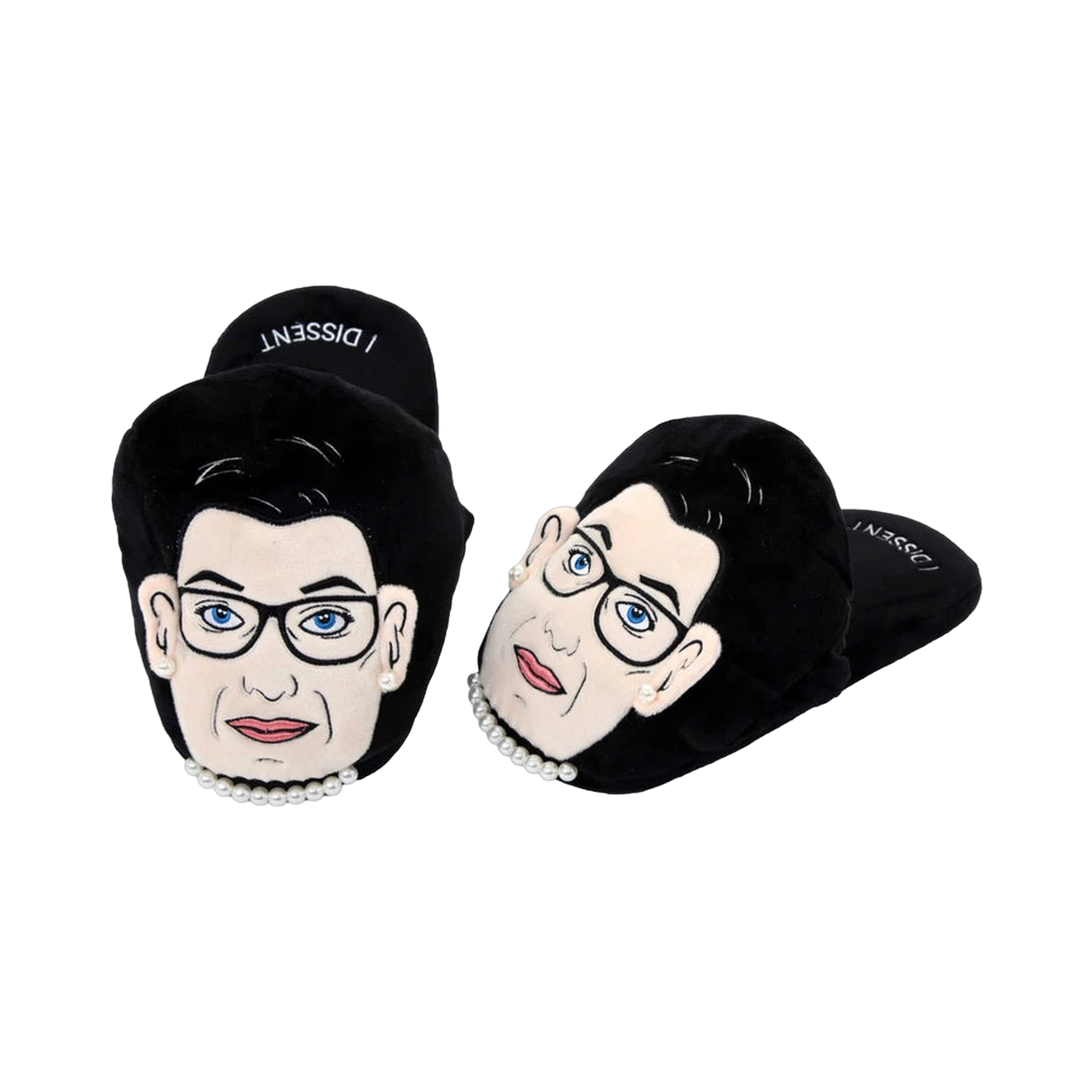 Pair of black plush RBG slippers.  The slippers feature a graphic of Ruth Bader Ginsburg's face and a pearl necklace; text says 'I Dissent'.