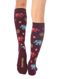 Close-up showcasing the back of the burgundy Elephant knee-high socks, with the 'Living Royal' logo visible. [lf]