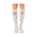 Pair of grey crew socks with a repeating pattern of medical crosses, 'Frontline Hero', and 'Saving Lives' in orange and teal.