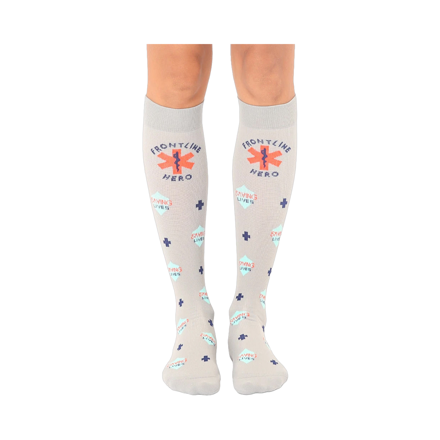 Pair of grey crew socks with a repeating pattern of medical crosses, 'Frontline Hero', and 'Saving Lives' in orange and teal.