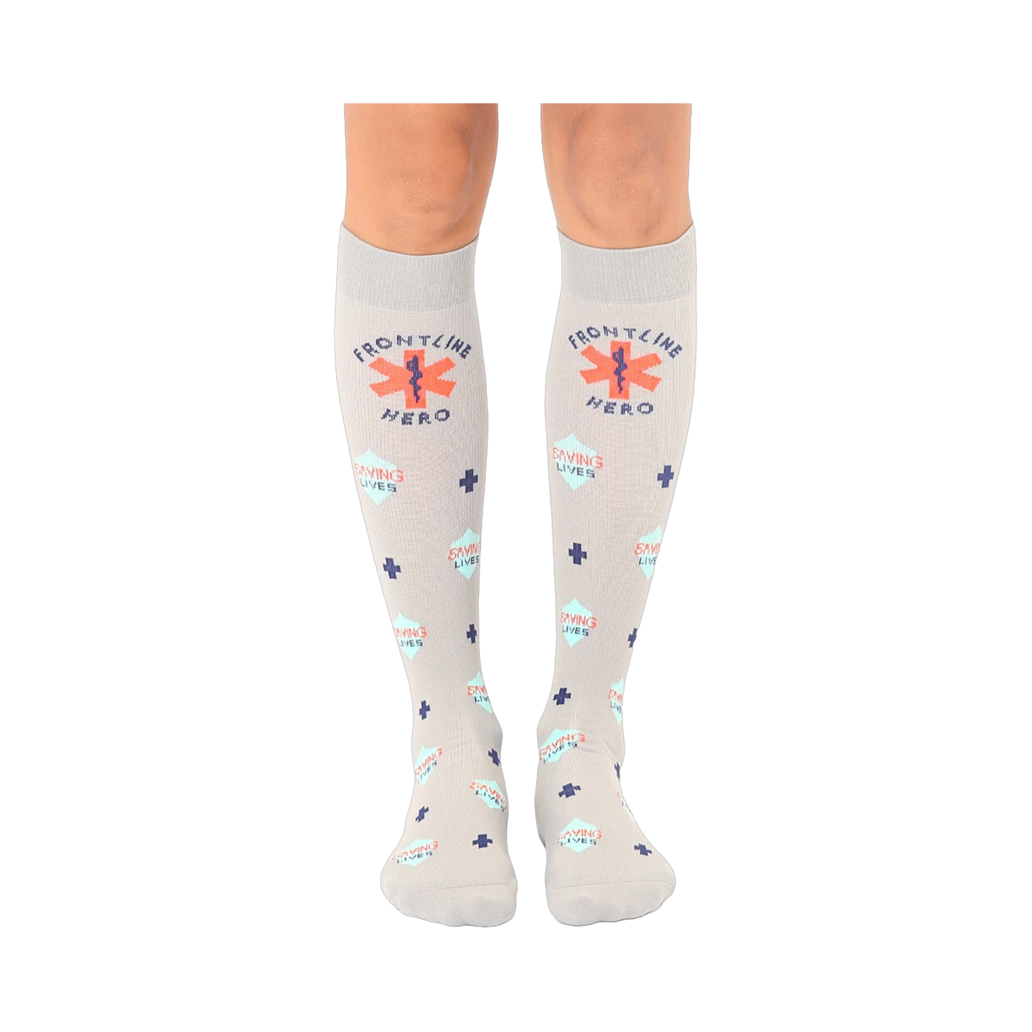 Pair of grey crew socks with a repeating pattern of medical crosses, 'Frontline Hero', and 'Saving Lives' in orange and teal.