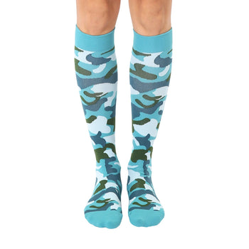 dark and light green camo print on a blue background in men's and women's knee high socks.   