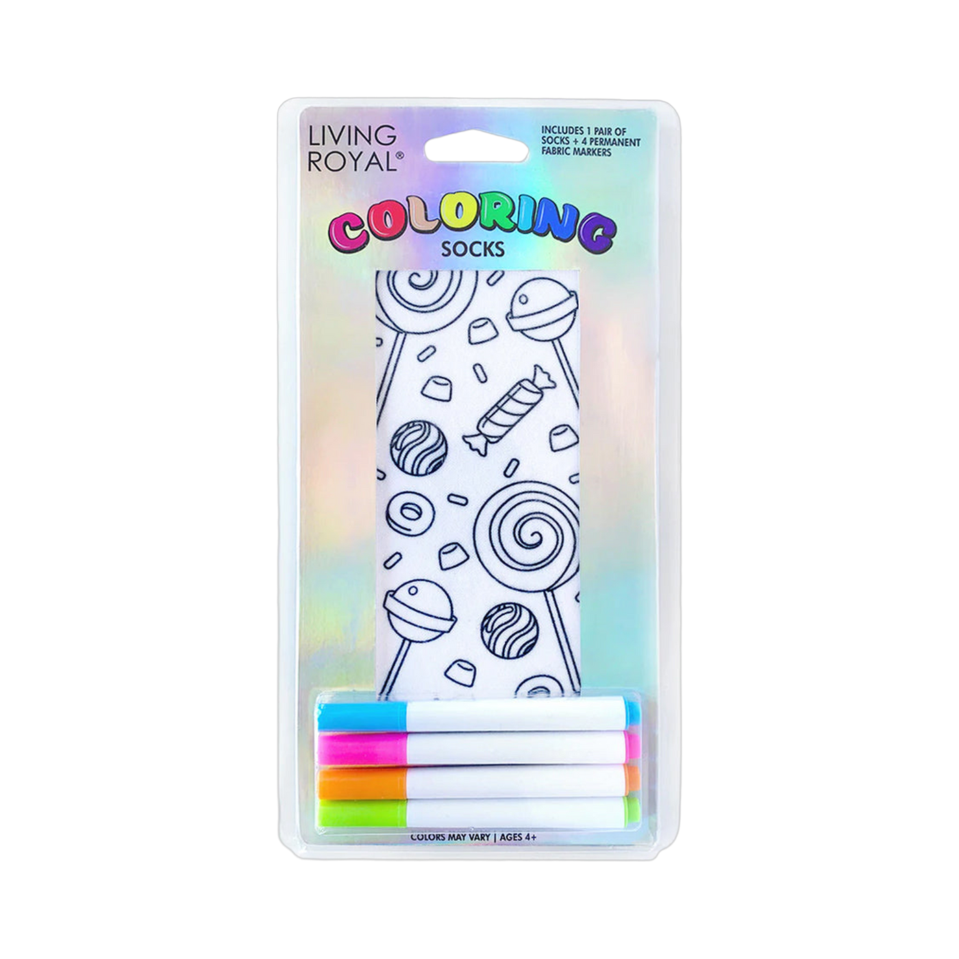 Packaging shot of Candy Explosion Coloring Socks showing the socks and four included fabric markers.