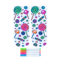 Pair of ankle socks featuring a candy-themed design in bright pink, green, blue, and orange.  Lollipops, gummies, and other sweets are scattered on a white background. Includes four fabric markers. [lf]