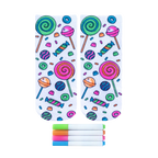 Pair of ankle socks featuring a candy-themed design in bright pink, green, blue, and orange.  Lollipops, gummies, and other sweets are scattered on a white background. Includes four fabric markers. [lf]
