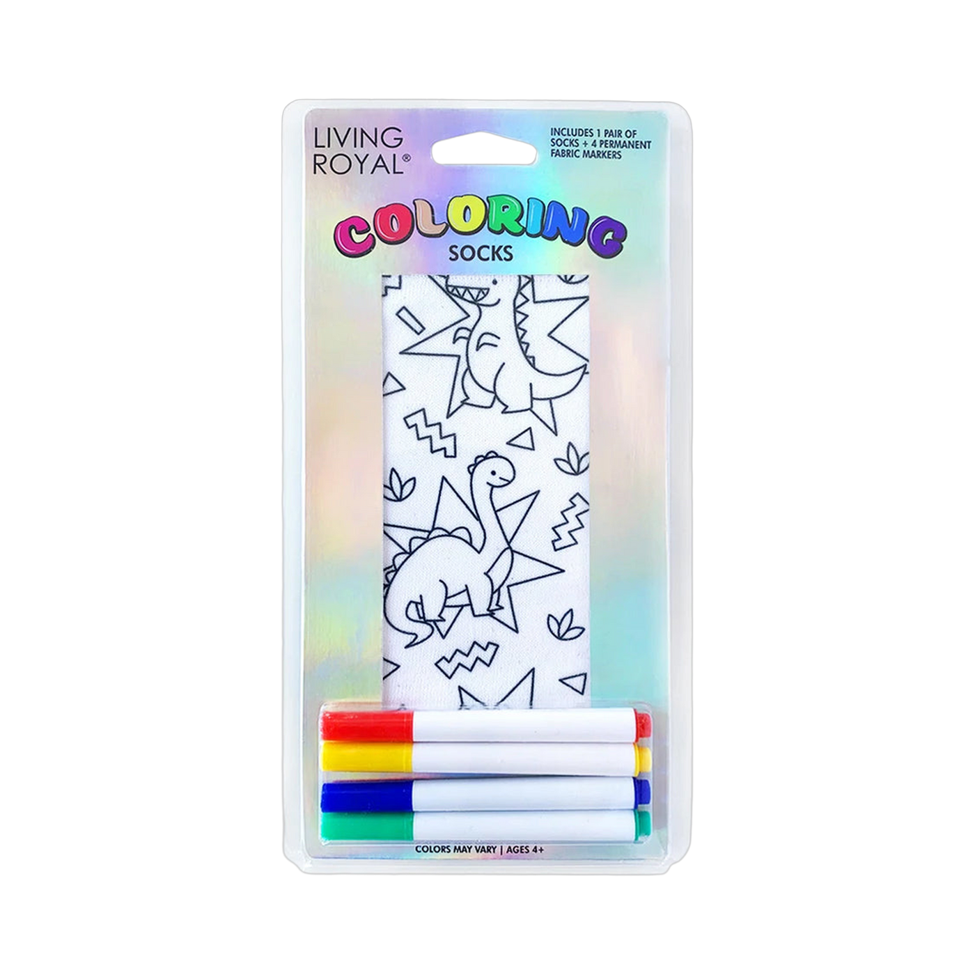 Product packaging showcasing the Dino Daze Coloring Socks and markers.